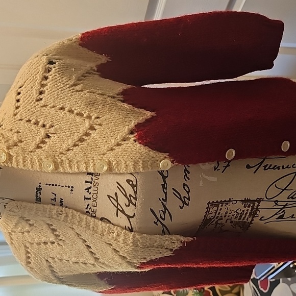 Vintage Red and Cream Button-Up Chevron Patterned Sweater - Picture 5 of 11